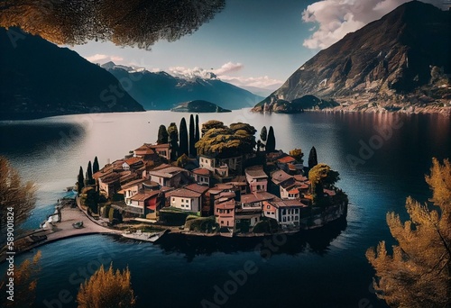 One of the most beautiful lakes of Italy - Lago di Como. panoramic view of beautiful Varenna village, popular tourist attraction. Generative AI photo