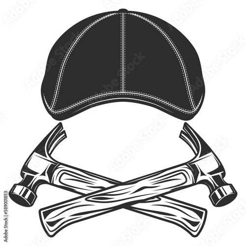 Flat cap gatsby tweed hat with constriction hammer vector vintage illustration