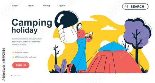 Camping holiday concept for landing page template. Woman resting with tent in forest and picking mushrooms. Outdoor activity people scene. Vector illustration with flat character design for web banner