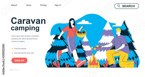 Caravan camping concept for landing page template. Woman and man resting, picking mushrooms and frying on campfire. Hiking people scene. Vector illustration with flat character design for web banner