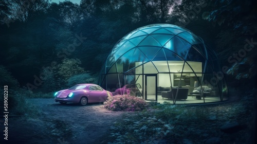 Sleek Energy-efficient House within Biodome   Cutting-edge Electric Sports Car Showcasing Balance 3gY for Ultimate Transport   Travel  Generative AI