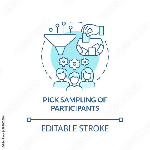 Pick sampling of participants turquoise concept icon. How to conduct causal research abstract idea thin line illustration. Isolated outline drawing. Editable stroke. Arial, Myriad Pro-Bold fonts used