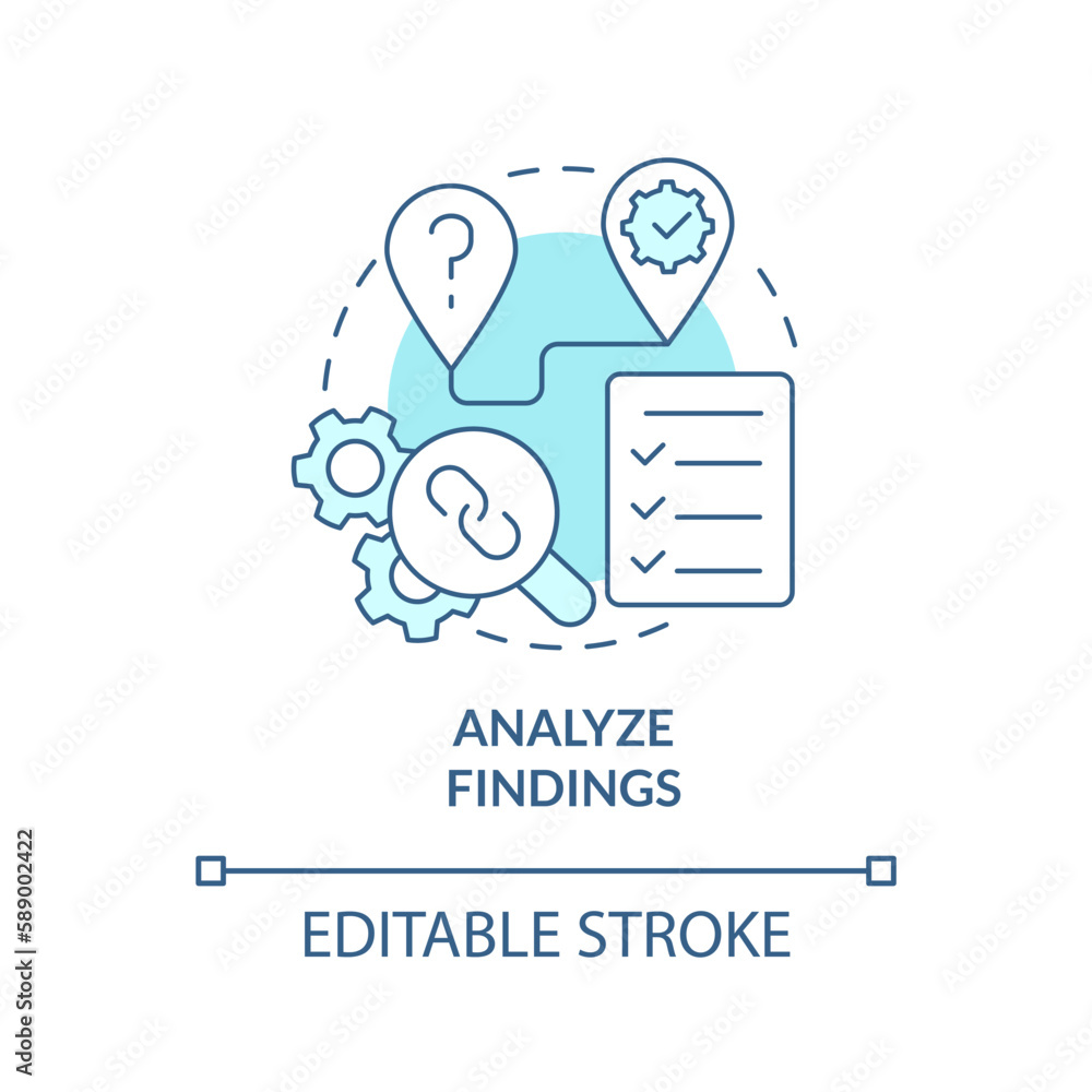 Analyze findings turquoise concept icon. Data control. How to conduct causal research abstract idea thin line illustration. Isolated outline drawing. Editable stroke. Arial, Myriad Pro-Bold fonts used - obrazy, fototapety, plakaty 