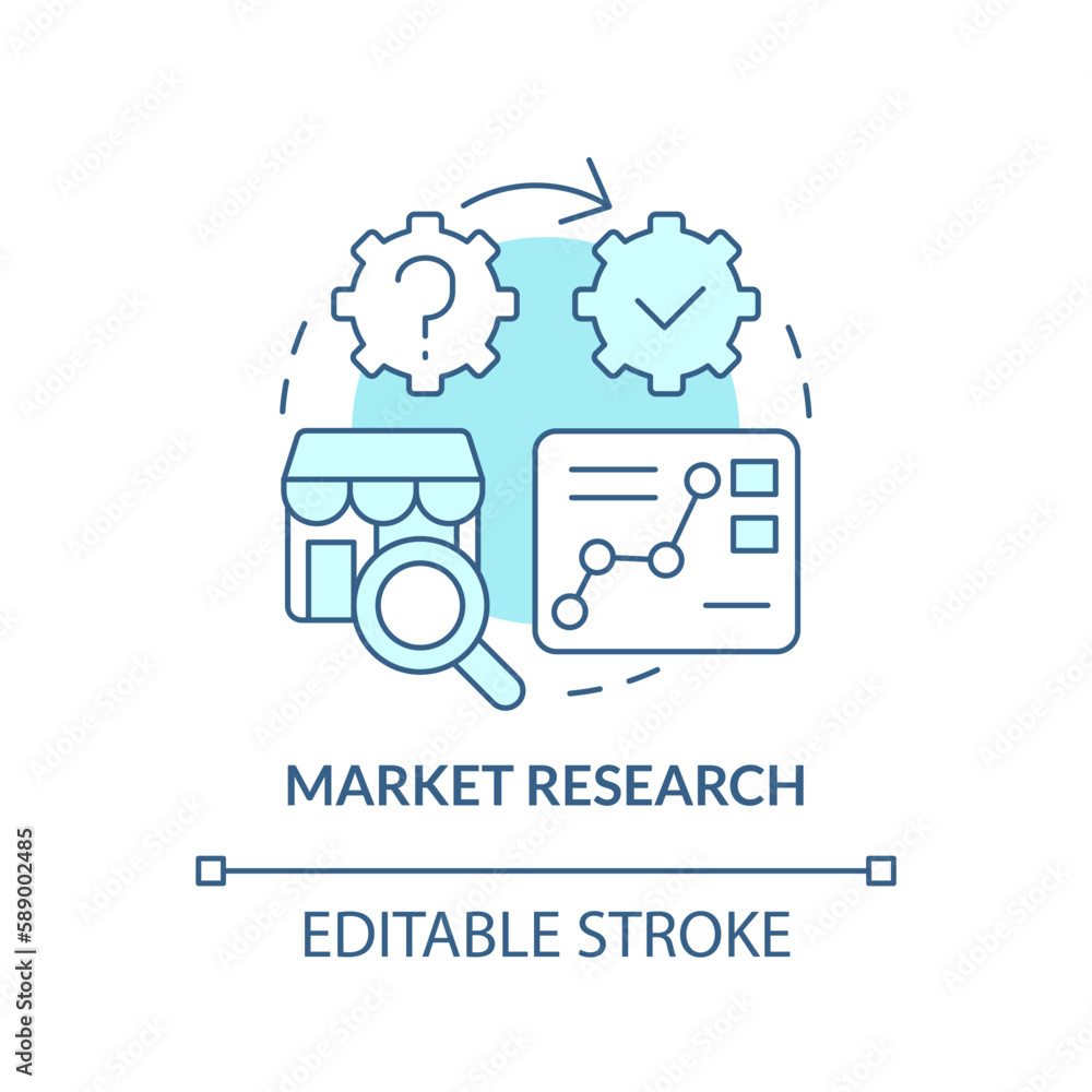 Market research turquoise concept icon. Predict tendencies. Causal studying example abstract idea thin line illustration. Isolated outline drawing. Editable stroke. Arial, Myriad Pro-Bold fonts used Market research turquoise concept icon. Predict tendencies. Causal studying example abstract idea thin line illustration. Isolated outline drawing. Editable stroke. Arial, Myriad Pro-Bold fonts used