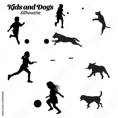 Kids and dog playing silhouette vector illustration.