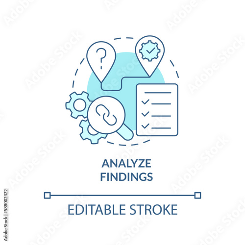 Analyze findings turquoise concept icon. Data control. How to conduct causal research abstract idea thin line illustration. Isolated outline drawing. Editable stroke. Arial, Myriad Pro-Bold fonts used