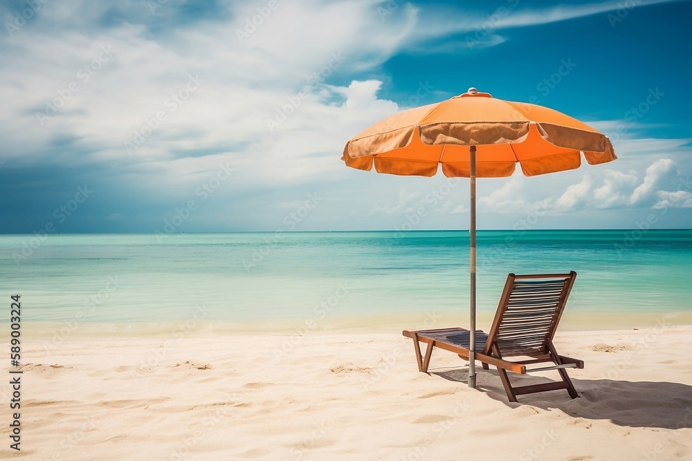 Beach Lifestyle with Chair and Umbrella for Travel. Copy Space on Background