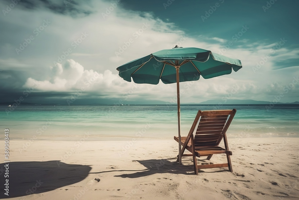Beach Lifestyle with Chair and Umbrella for Travel. Copy Space on Background