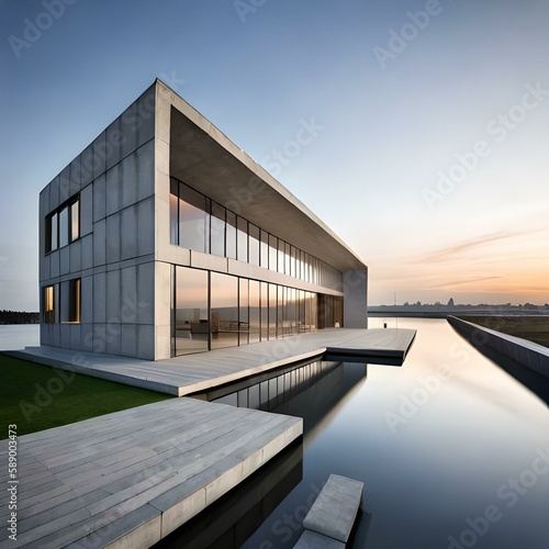 3D render modern House building in the morning