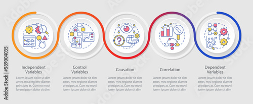 Causal research variables and principles loop infographic template. Data visualization with 5 steps. Editable timeline info chart. Workflow layout with line icons. Myriad Pro-Bold, Regular fonts used