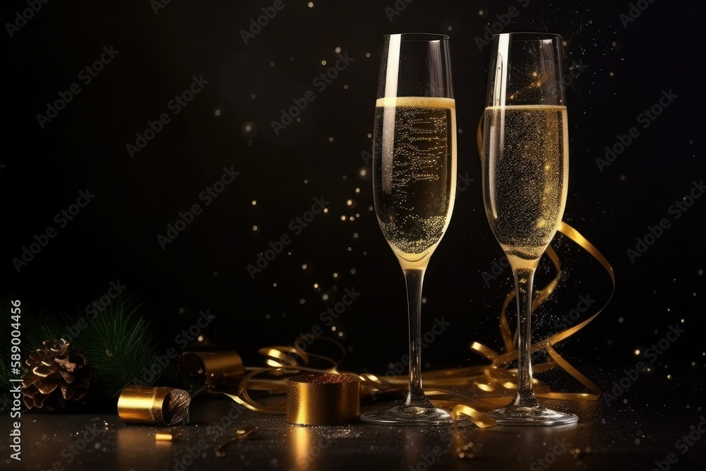 Glasses of champagne and Christmas decorations on black background with copy space, Generative Ai Glasses of champagne and Christmas decorations on black background with copy space, Generative Ai