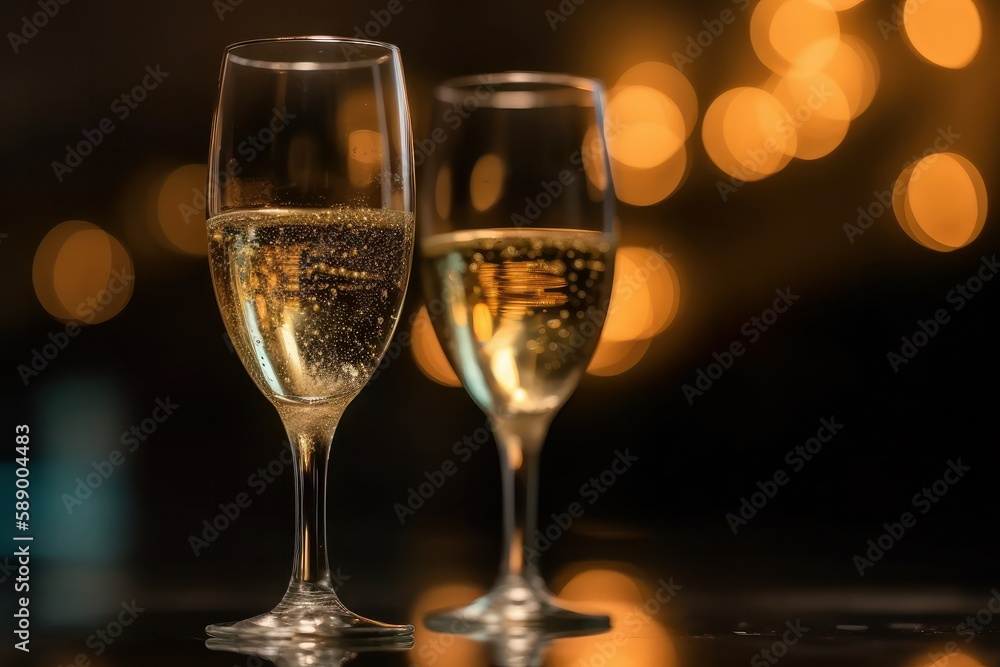 Glasses of champagne on table against defocused lights, closeup, Generative Ai Glasses of champagne on table against defocused lights, closeup, Generative Ai