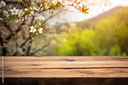 Empty wooden table for product display montages. Spring nature background., Generative Ai