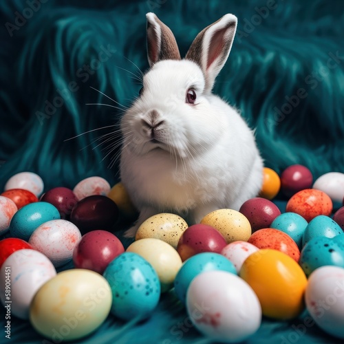 Easter bunny with colorful eggs background., Generative Ai © Angus.YW