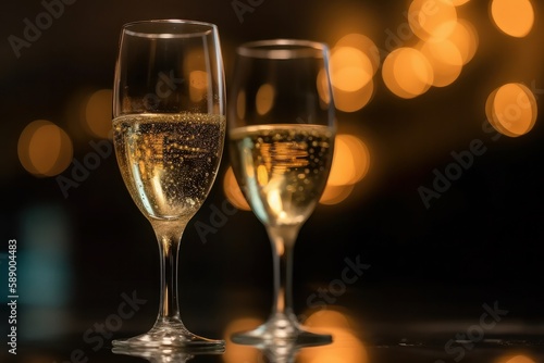 Glasses of champagne on table against defocused lights, closeup, Generative Ai
