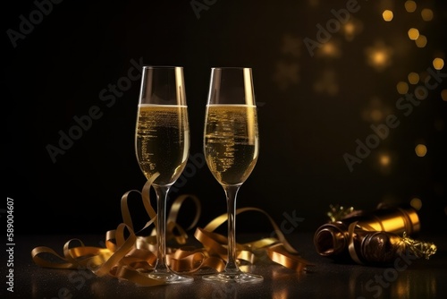 Glasses of champagne and Christmas decoration on dark bokeh background, Generative Ai