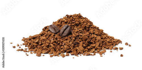 Heap of instant coffee and beans on white background