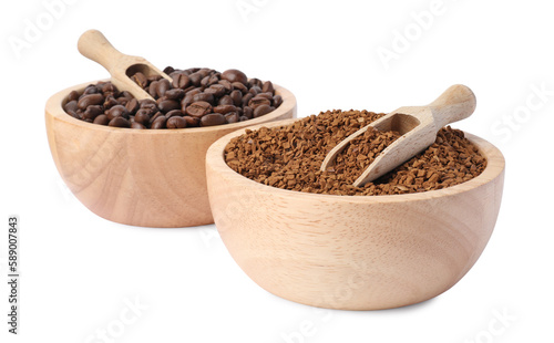 Bowls with instant coffee and roasted beans on white background