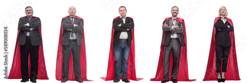 group of people in red raincoat isolated on white