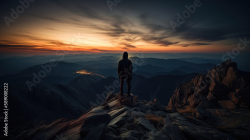 Silhouette of a person standing on a mountain with cinematic lighting during sunrise after hiking. Generative AI.