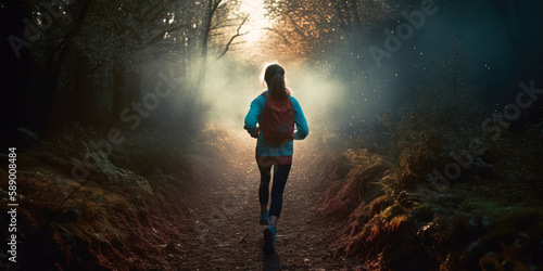 Lady Trail Runner Embracing the Dawn on a Forest Path with Abstract Bokeh Light. Generative AI © Bartek