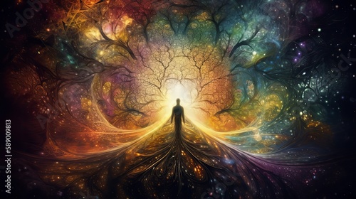 Soul dropping down from a higher density, through other realms and realities to reach the current reality. AI generation