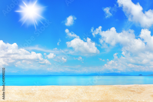 Tropical island paradise beach  blue sea water  turquoise ocean  sand  sun sky white clouds  beautiful panorama landscape  summer holidays concept  vacation template  travel banner  empty copy space