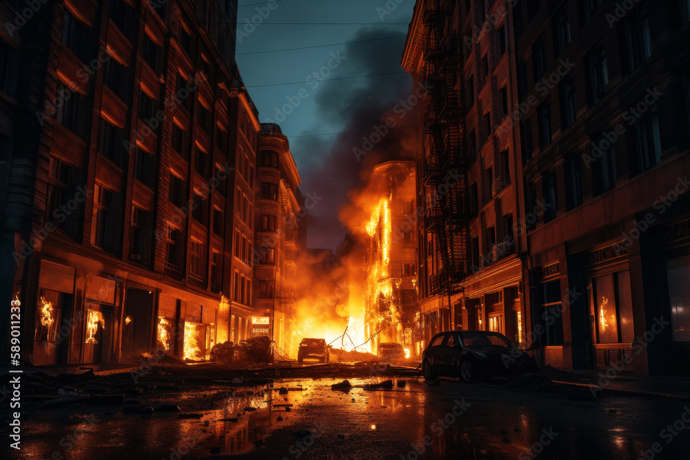 Exploded Town Destruction of city with fires, explosions and collapsing structures ...