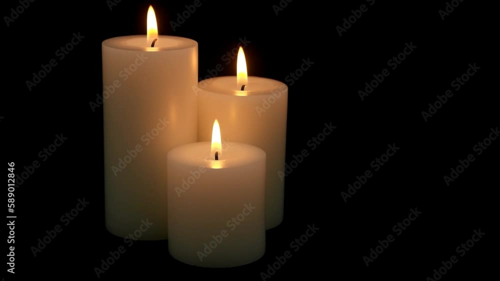 Three whole candles with different size burning on black. Room for text. Three whole candles with different size burning on black. Room for text.