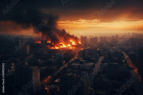 Aerial view of ruined building on fire and rising dark smoke. Modern city skyscraper war. Generative AI.