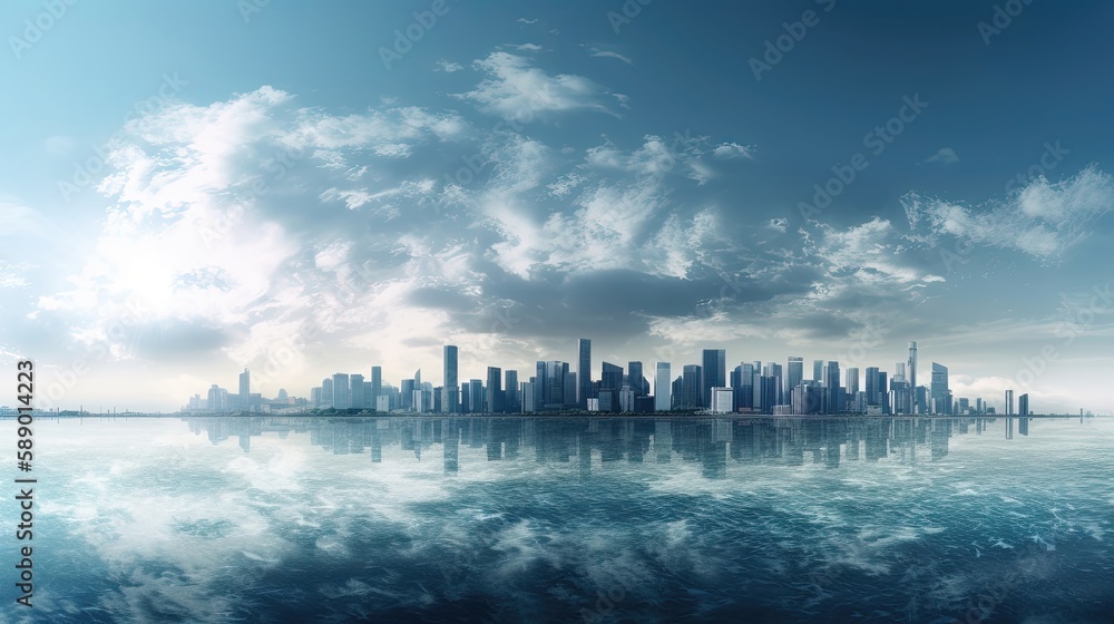 Cityscape on horizon over ocean. Generative AI