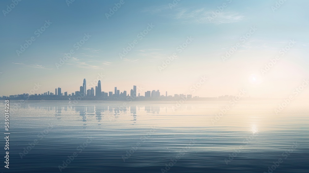 Cityscape on horizon over ocean. Generative AI