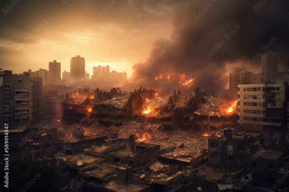 Destruction of city with fires, explosions and collapsing 