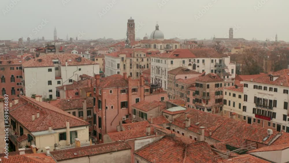 Low aerial shot towards Chiesa dei Santi Geremia e Lucia Santuario di Lucia Church Venice Low aerial shot towards Chiesa dei Santi Geremia e Lucia Santuario di Lucia Church Venice