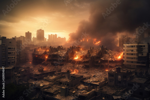 Destruction of city with fires  explosions and collapsing structures. Concept of war and disaster. Generative AI.