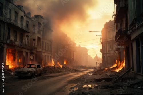 Destruction of city with fires, explosions and collapsing structures. Concept of war and disaster. Generative AI.