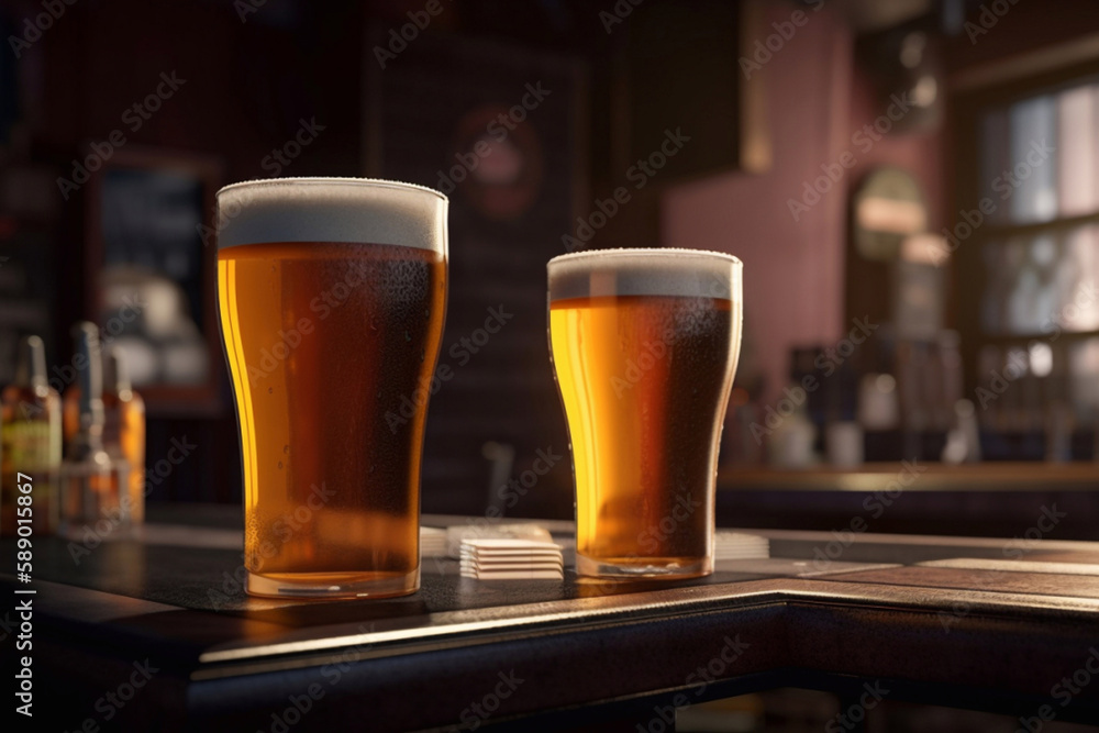 glasses with light beer on the bar counter. Generative AI glasses with light beer on the bar counter. Generative AI