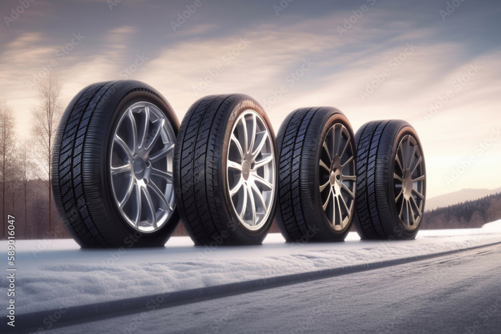 four car wheels on a road covered with snow in winter four car wheels on a road covered with snow in winter