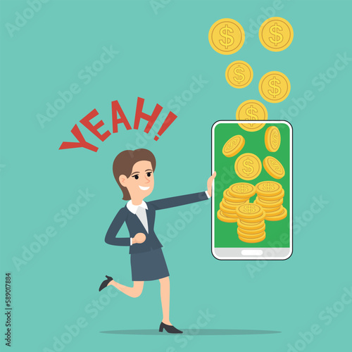 Cartoon character smartphone help businesswoman to earn money.  Smartphone to earn money concept,illustration vector cartoon