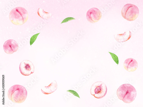 水彩で描いた桃のフレーム　水彩背景eb