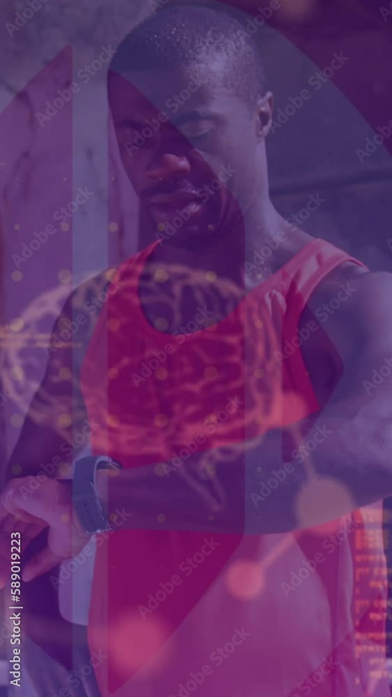 Animation of data processing over african american man using smartwatch outdoors Animation of data processing over african american man using smartwatch outdoors