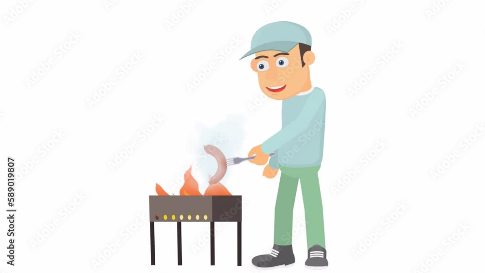 Barbecue preparation. Animation of a man frying a sausage on fire, alpha channel. Cartoon Barbecue preparation. Animation of a man frying a sausage on fire, alpha channel. Cartoon