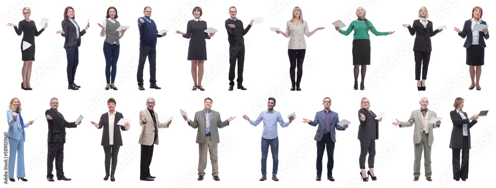 group of people holding tablet with outstretched hand