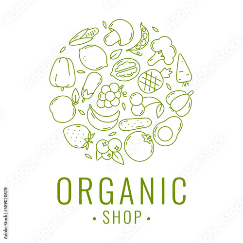Organic products logo template. Fruit and vegetable icons in trendy linear style
