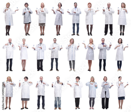 group of doctors holding jar isolated on white