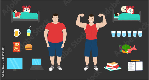 Sad fat and happy athletic male characters. Man scrolling on phone lying in bed. Beer and soda versus water. Chips and burger vs balanced nutrition. Gadgets versus time reading books and planning