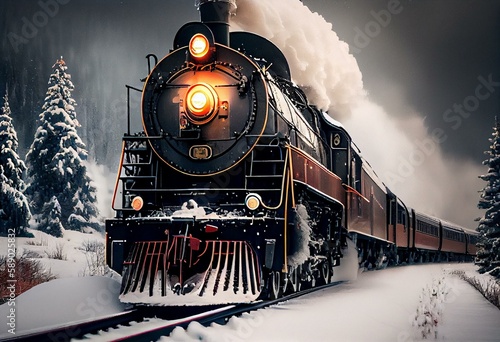 polar express train rides and sweeps snow off snow-covered rails. Generative AI