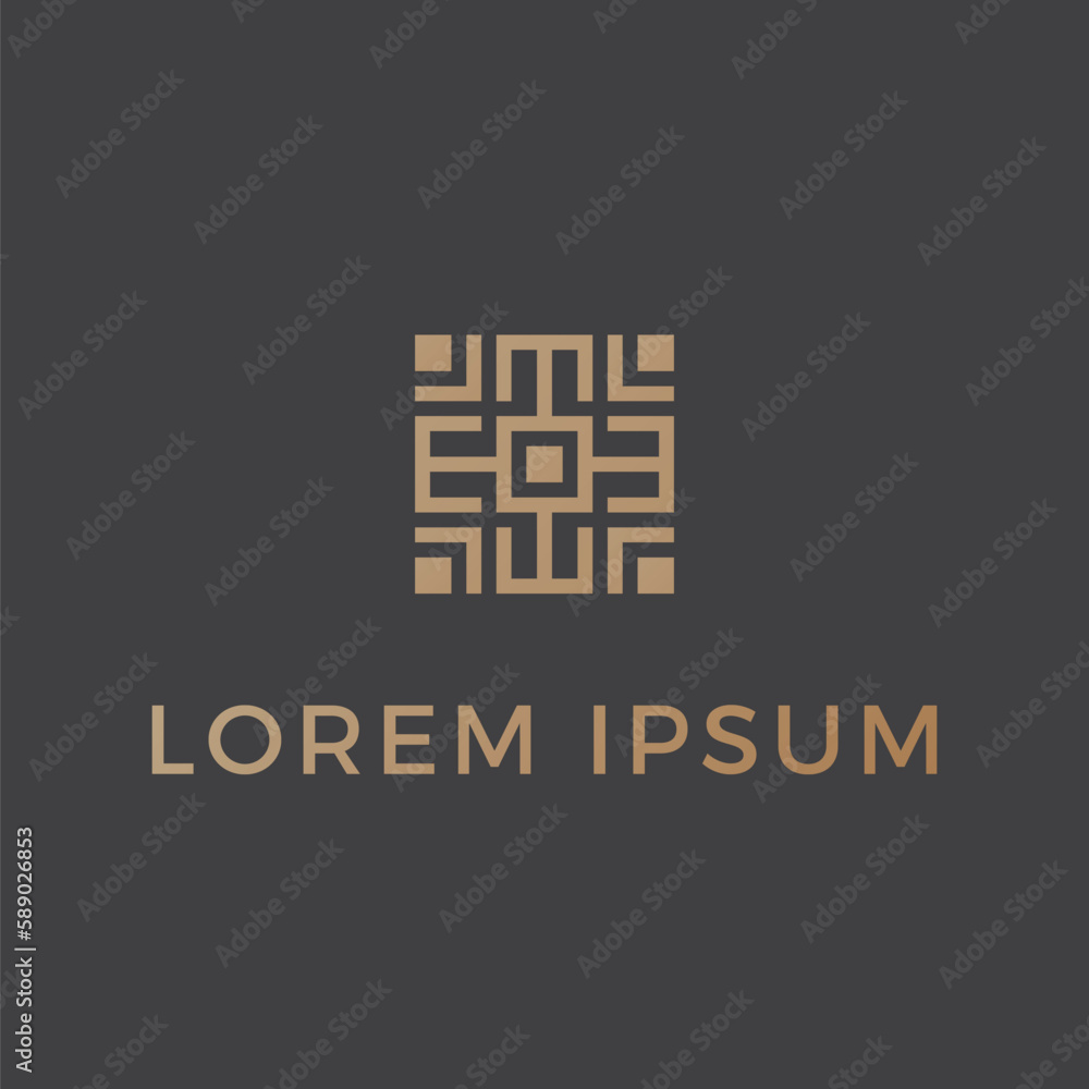 Letter E Gold with dark grey background Abstract symbol in ornamental navajo logo square Letter E Gold with dark grey background Abstract symbol in ornamental navajo logo square