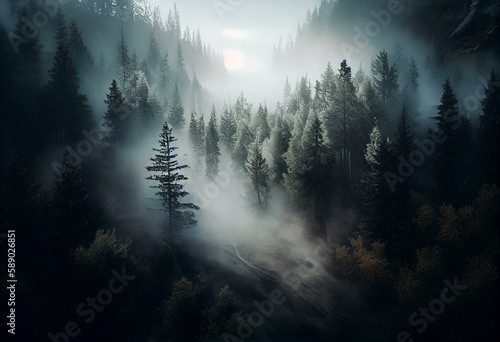 Overhead view of fog entering a forest. Generative ai composite