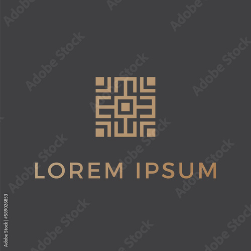 Letter E Gold with dark grey background Abstract symbol in ornamental navajo logo square